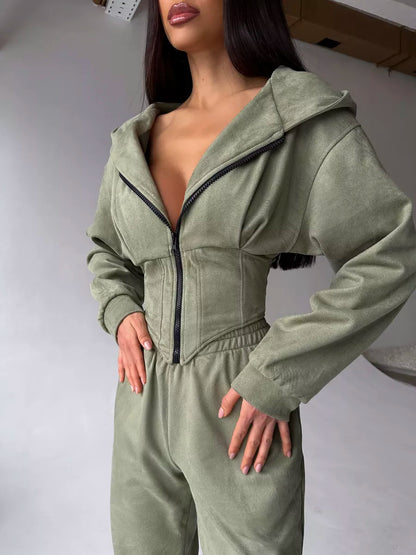 Women's Solid Color Waist Hoodie Pants Set