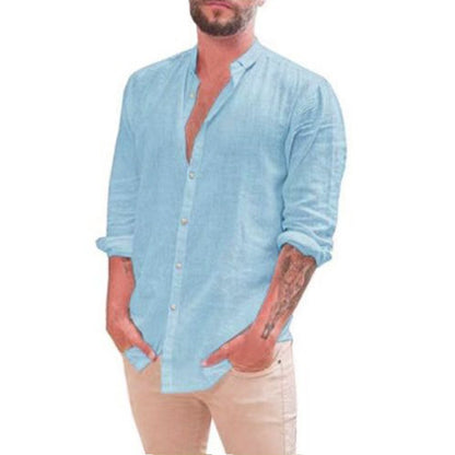 Men's Retro Standing Collar Cardigan, New Casual Long Sleeved Cotton Linen Solid Color Shirt, Men'S Shirt, Men'S Shirt