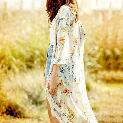 Spring And Summer New Fashion Chiffon Print Mid Length Women's Cardigan Short Sleeve Beach Sunscreen