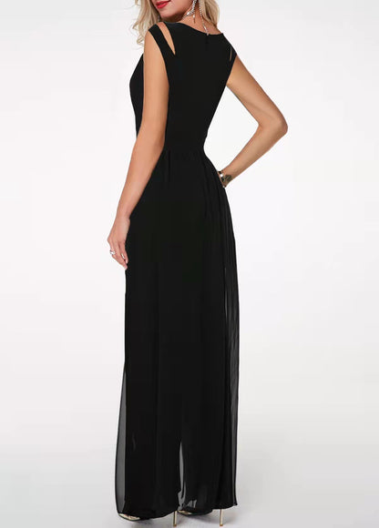 One piece slim fit women's round neck sleeveless hollow solid color jumpsuit
