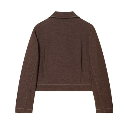 Collar zipper long sleeved flip pocket short jacket