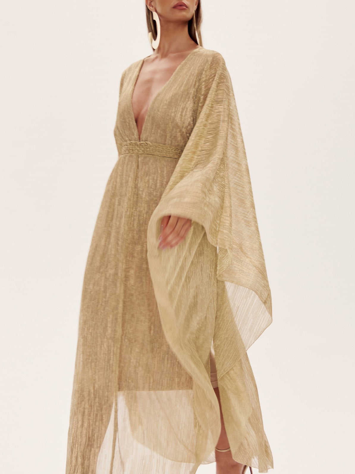 Champagne Diepe V Geplooide Dolman Mouw Jurk