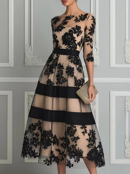 One-Shoulder Seven-Sleeve Flocking Floral Striped Tight-Waist Dress