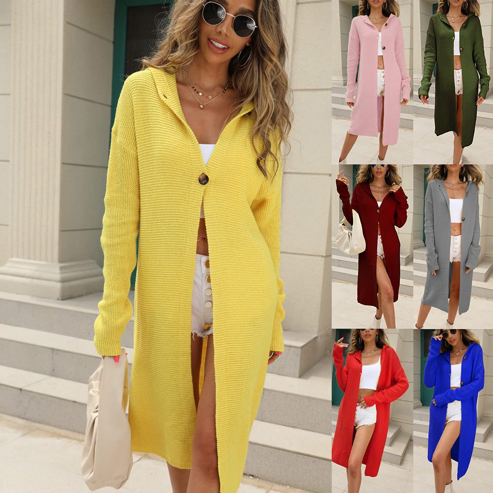 Effen Kleur Gebreid Cardigan Met Capuchon