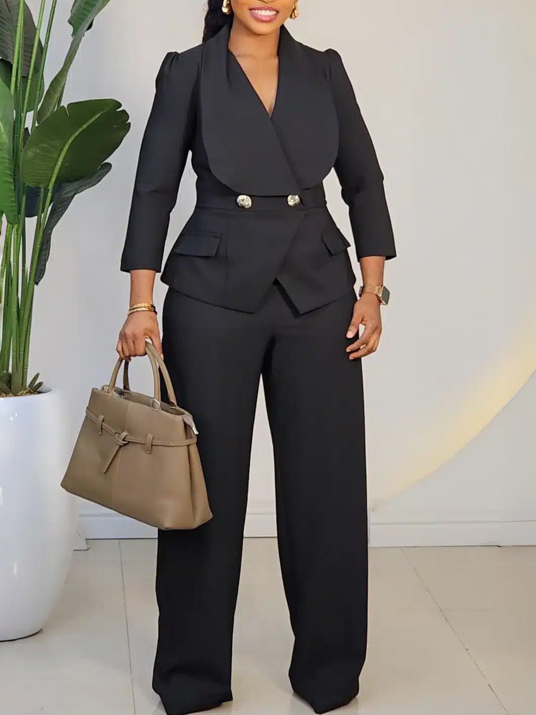 Womens Suit Collar Wide Leg Jumpsuit