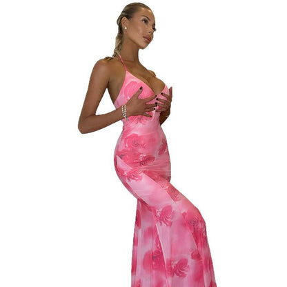 Women's Summer Casual Printed Backless Strapless Fitted Mermaid Long Dress
