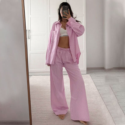 Dames casual gestreepte overhemd  met lange mouwen en  broek set
