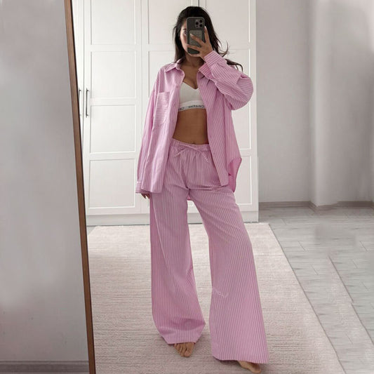 Dames casual gestreepte overhemd  met lange mouwen en  broek set