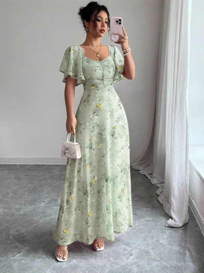 Floral Print Chiffon Dress with Lotus Sleeves
