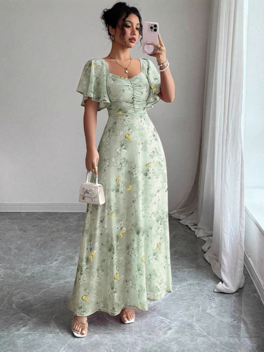 Floral Print Chiffon Dress with Lotus Sleeves