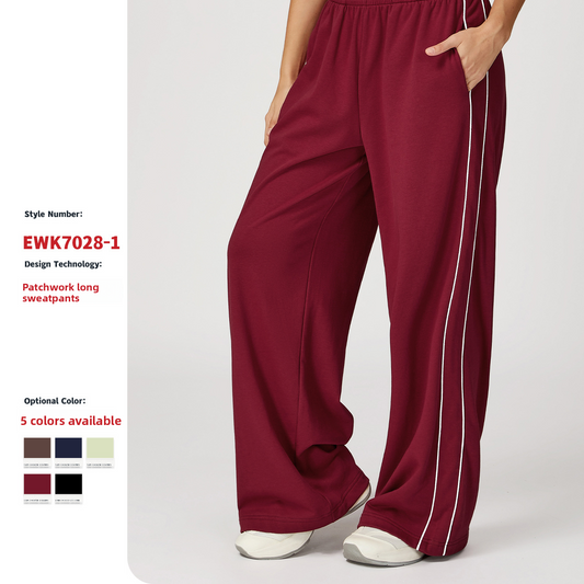 Contrasting Color Sports Sweatpants Loose High Waisted Straight Pants with Pockets