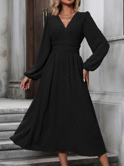 medium fur ball diagonal collar lantern sleeve pleated waist dress