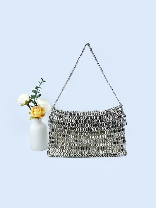 Retro metalen tas met pailletten in zilverkleur
