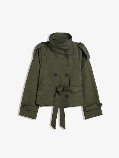 Retro V-neck double-buttoned belted short coat with zipper closure