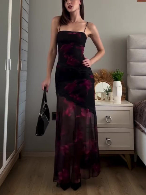 Bedrukte patchwork mesh jarreteljurk