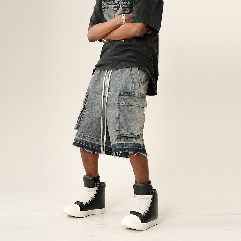 Gradient Washed Distressed Raw Hem Denim Shorts Men High Street Multi-Pocket Wide Leg Five-Panel Pants