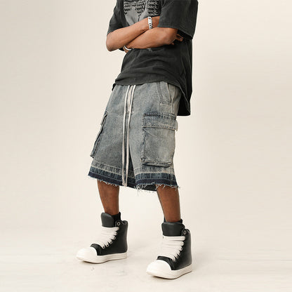 Gradient Washed Distressed Raw Hem Denim Shorts Men High Street Multi-Pocket Wide Leg Five-Panel Pants