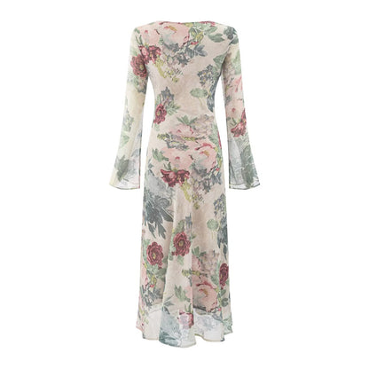 Womens V-Neck Printed Slim-Fit Dress