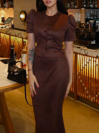 Bruine commuter pofmouw suède top fishtail rok set