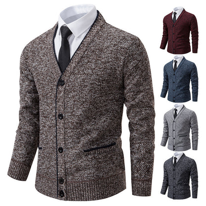 Casual Fleece-lined Cardigan Long Sleeve Youth Stand Collar Sweater Men's Cardigan Coat
