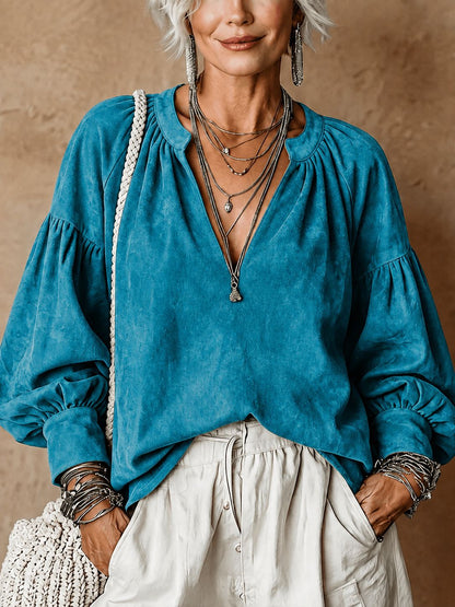Women's Retro Ruched V-Neck Suede Loose Top