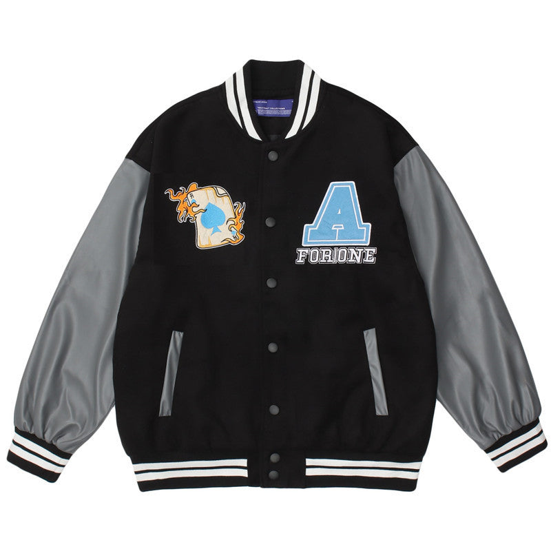 Amerikaans Borduurwerk Poker Clown PU-leren Mouw Honkbal Jacket Unisex