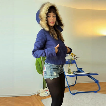 Womens Hooded Short Jacket with Detachable Fur Collar