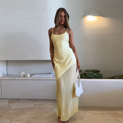 Sexy feestelijke satijnen maxi-jurk met patchwork mesh camisole rok