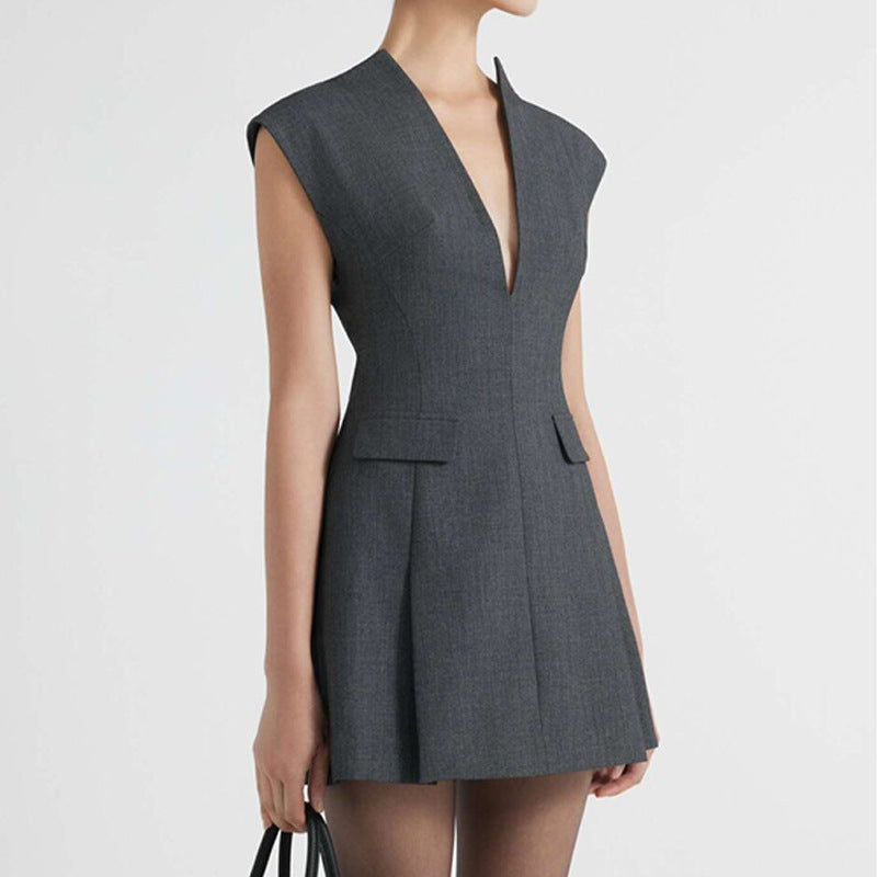 Elegant Solid Color V-Neck Fitted Short A-Line Dress for Women