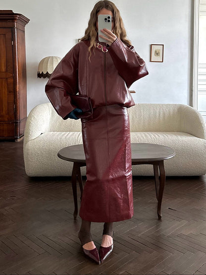 Elegant Leather Jacket and Skirt Set