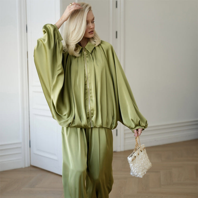 French Style Lapel Zipper Jacket and Pants Set