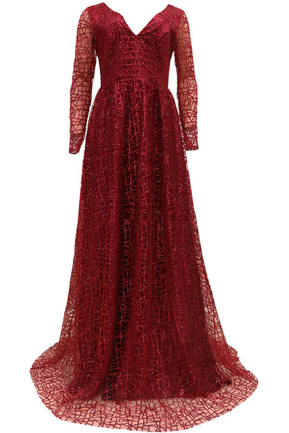 Lange kanten galajurk met lange mouwen en diepen V-hals