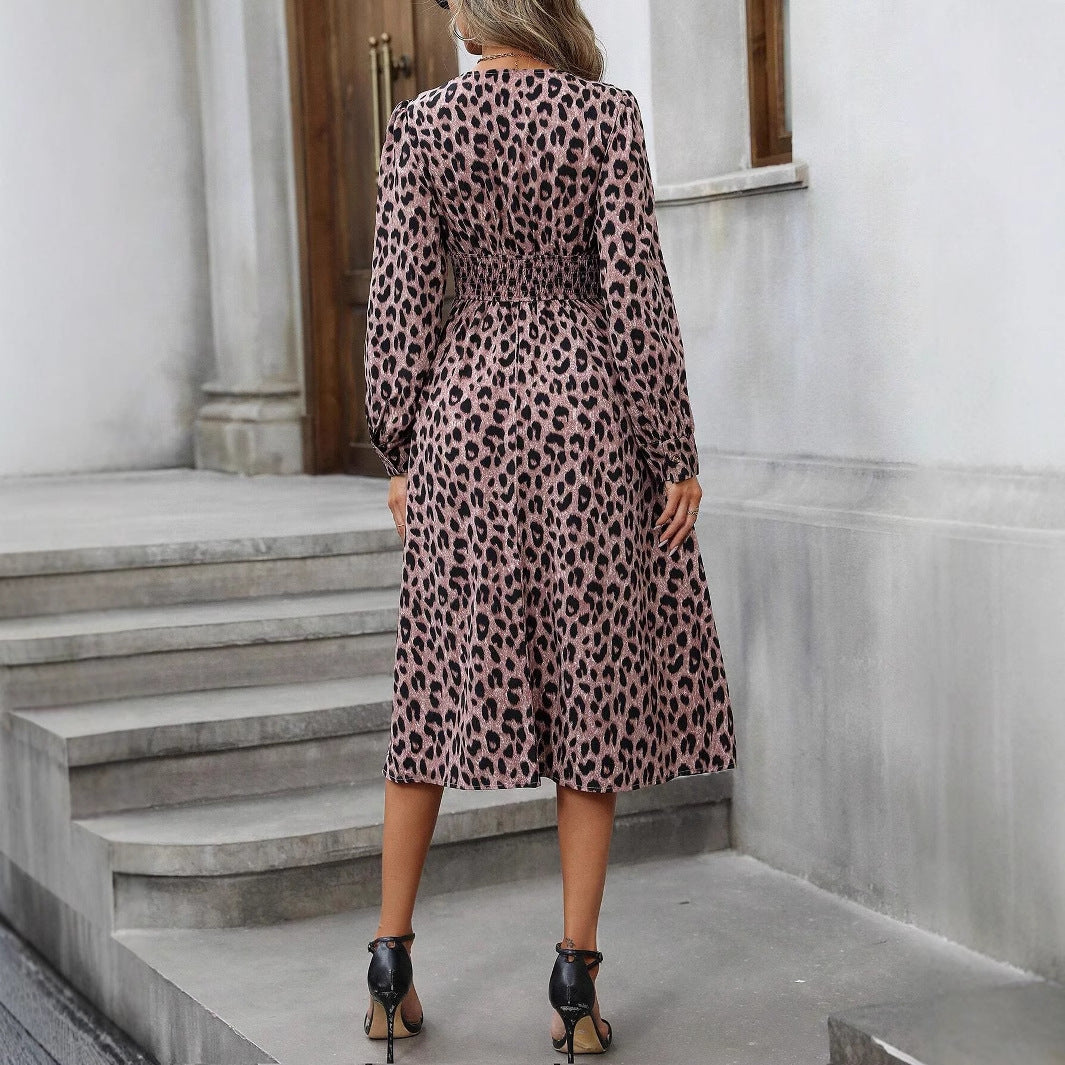 Lange mouwen midi-jurk met luipaardprint Amerikaans