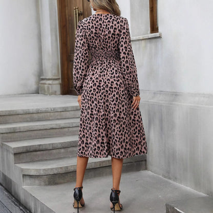Lange mouwen midi-jurk met luipaardprint Amerikaans