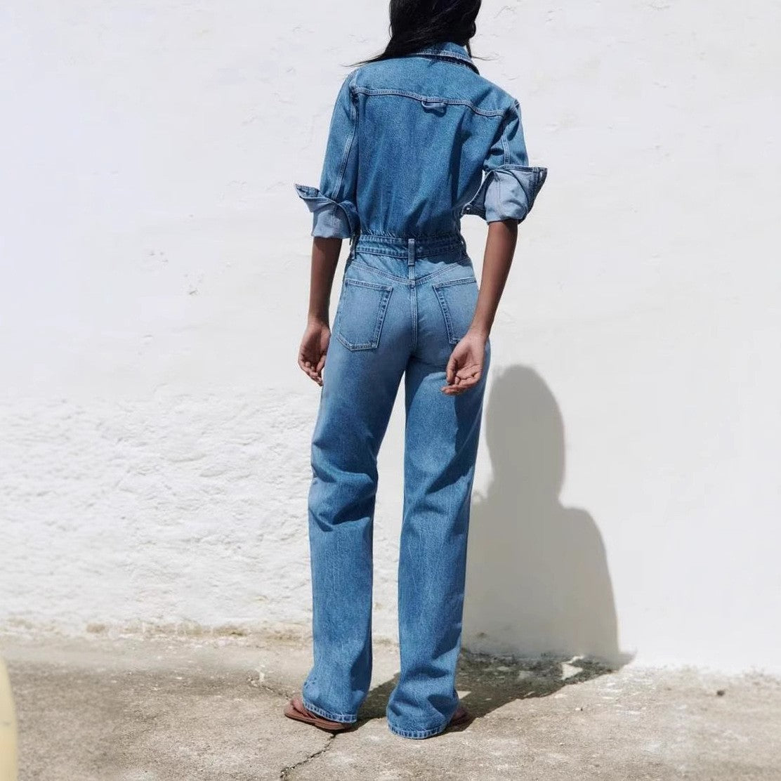 Long Sleeve Washed Denim Jumpsuit