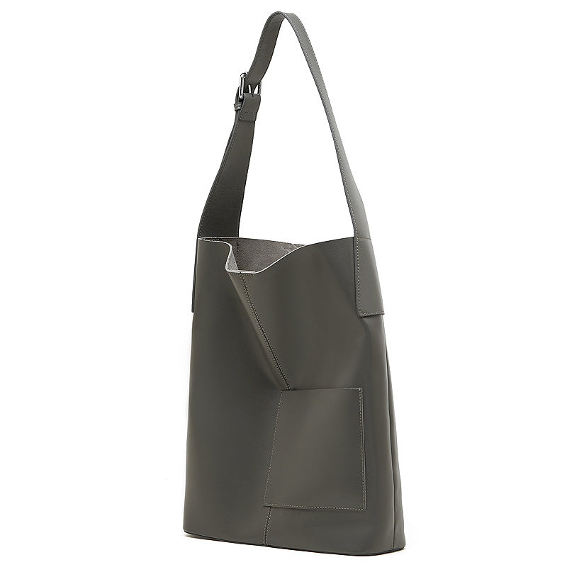 First-Layer Cowhide Large Capacity Bucket Bag Tote Shoulder Handbag