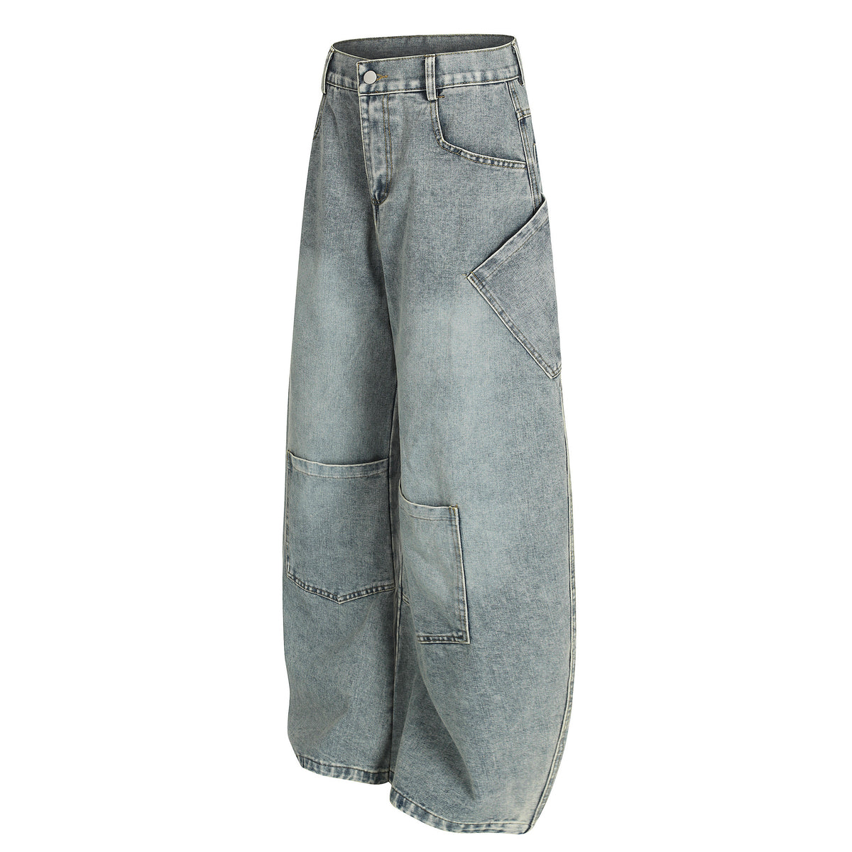 Patchwork Multi-pocket Mid-rise Trendy Knife-cut Jeans Pants