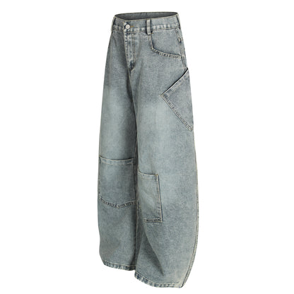Patchwork Multi-pocket Mid-rise Trendy Knife-cut Jeans Pants
