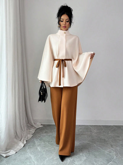 Women's Mock Neck Waist-Tie Short Woolen Coat Set