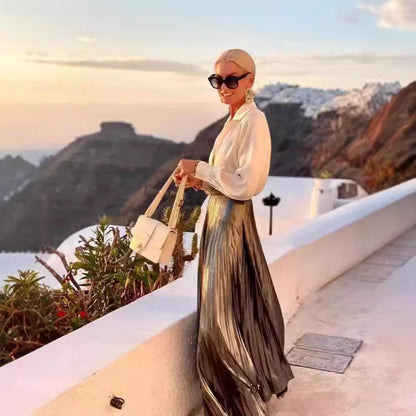 Satijnen overhemd met lange mouwen of glanzend maxi-rok