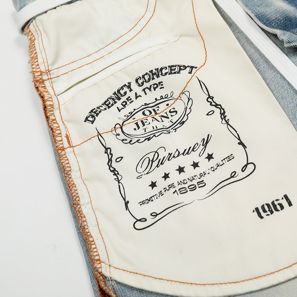 Splicing washed wide leg denim pants