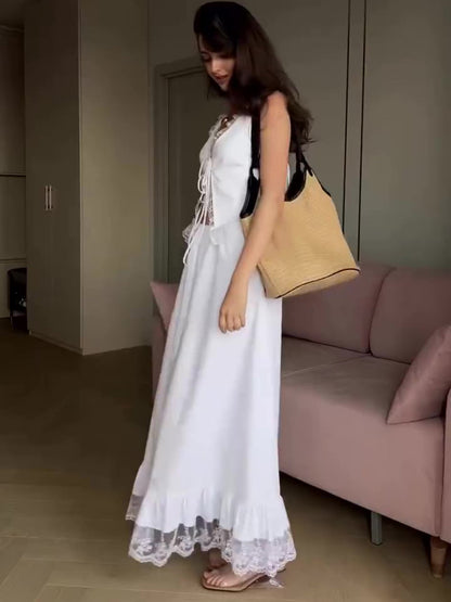 Wit kanten patchwork vest en elastische taille rok pak