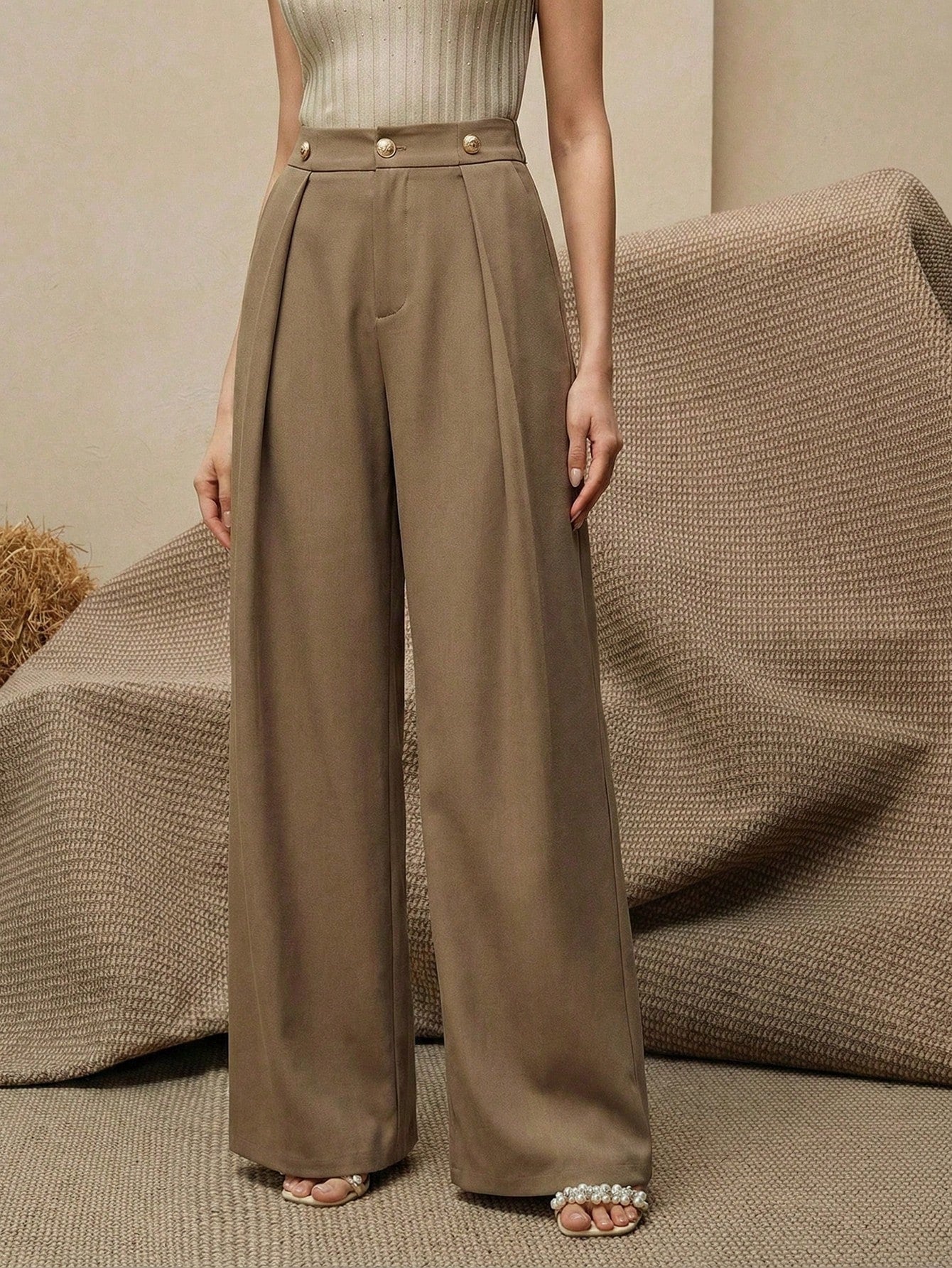 Dames pantalon met plooien hoge taille en wijde pijpen