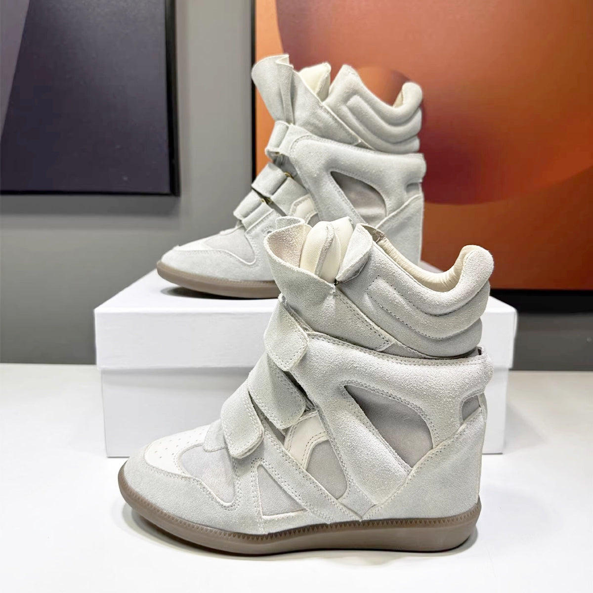 Women's Hidden Wedge Sneakers Cowhide Casual Shoes