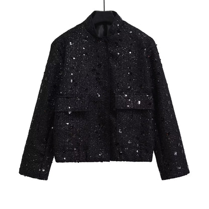 Women's Beaded Round Neck Long Sleeve Loose Polyester Jacket