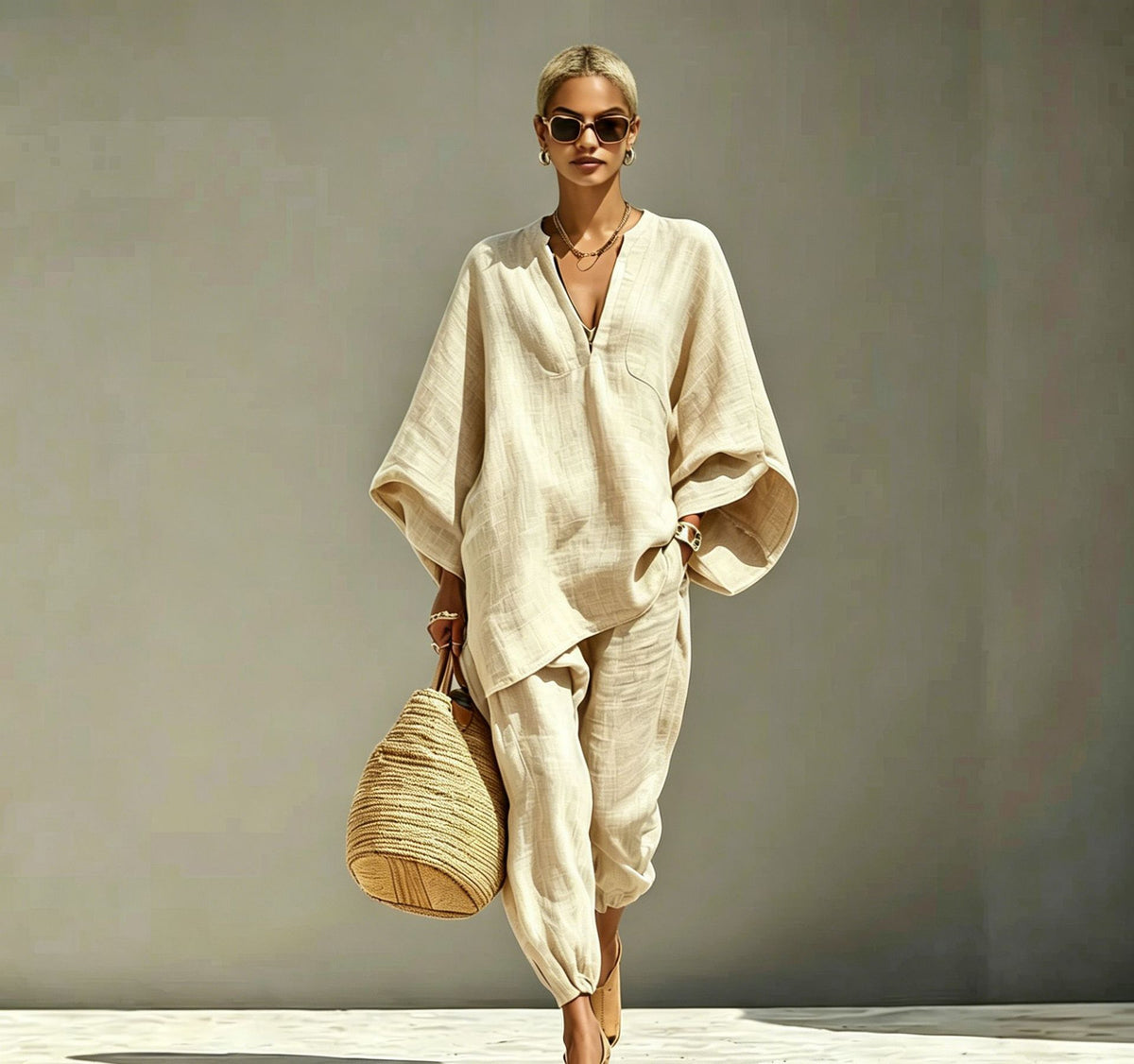 Women Casual Batwing Sleeve V-Neck Linen Blend Suit