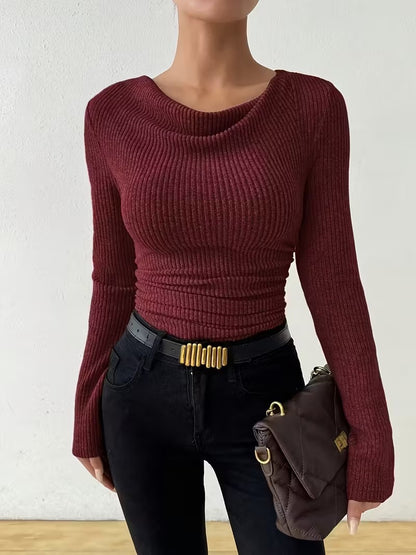 Women's solid-color long-sleeved knitted pullover sweater