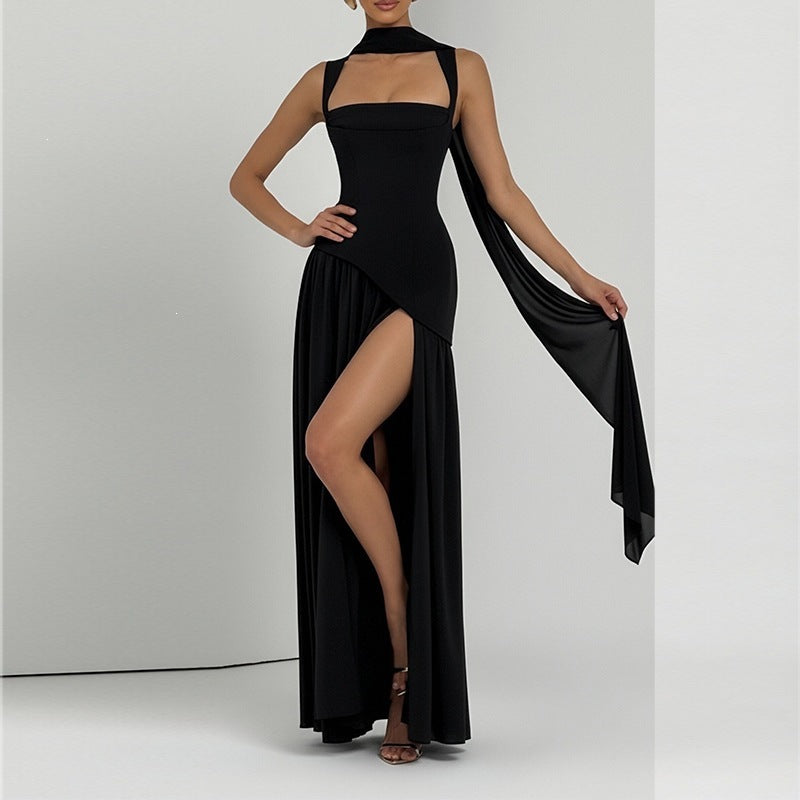 Elegant Backless Pleated Slit Dress