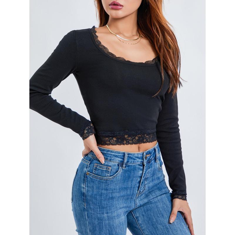 Womens Long Sleeve Lace Trim T-shirt