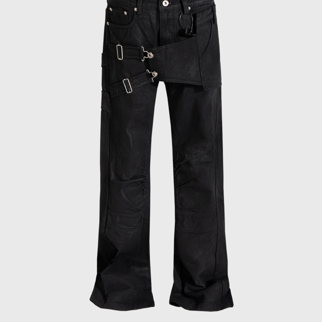 Unisex Multi-Pocket Deconstructed Layered Coated Slightly Flared Denim Jeans